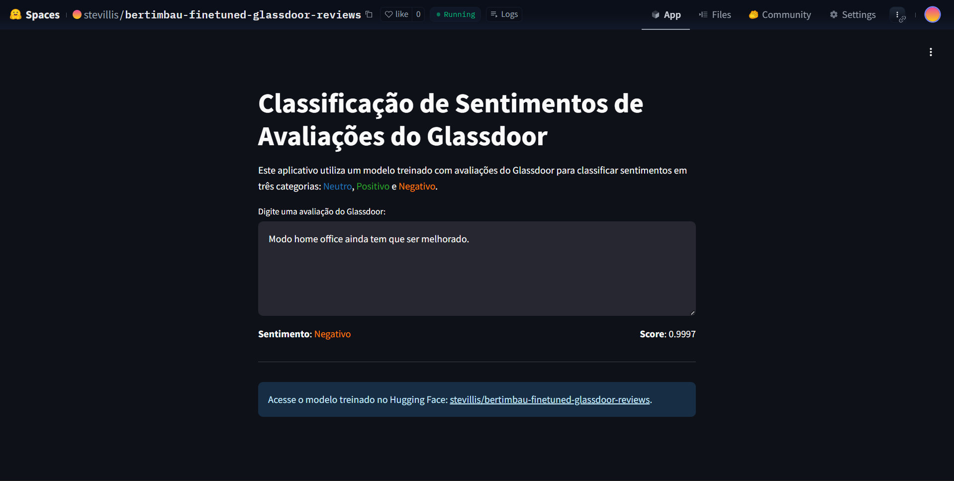 Predição do modelo - sentimento negativo