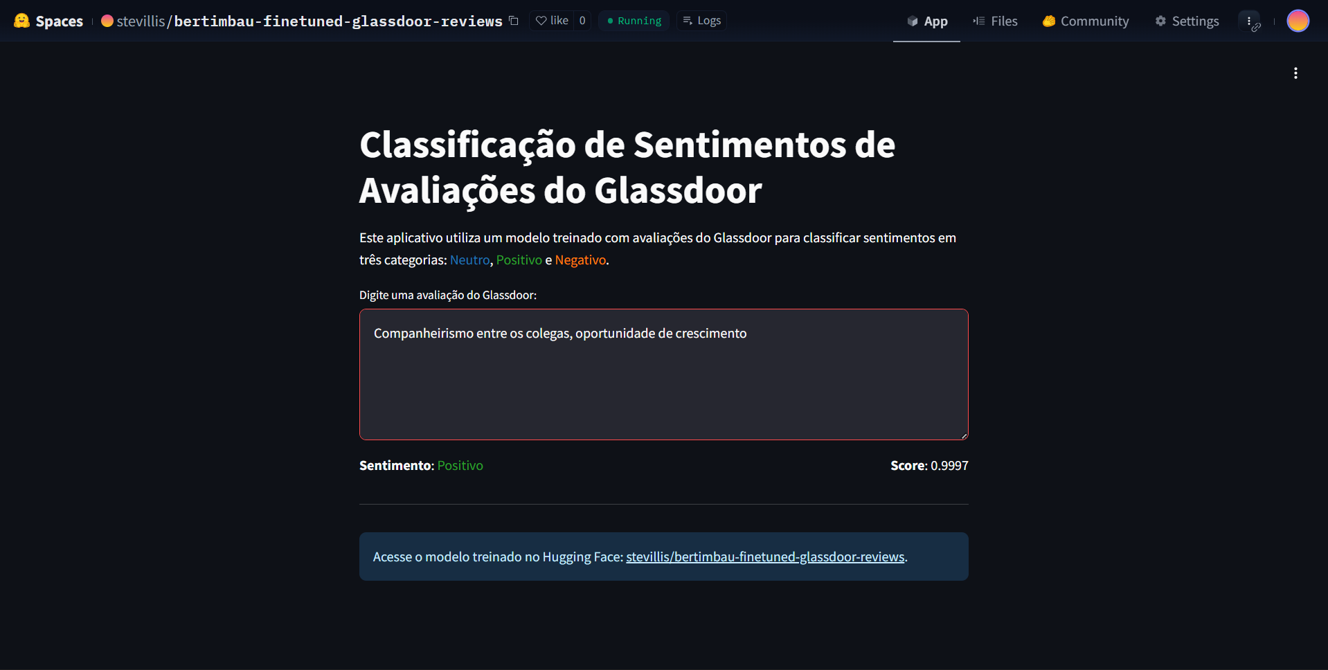 Predição do modelo - sentimento positivo